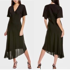 Theory Georgette Women’s Silk Asymmetrical Flutter Short Sleeve Vneck Midi Dress
